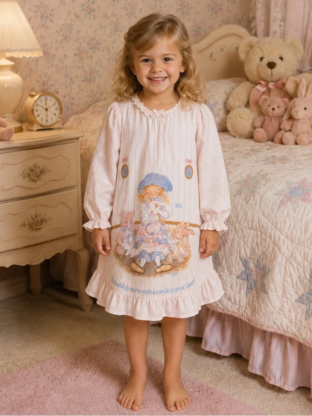 VTG 89 Holly Hobbie Girls Nightgown Size L Pink Puff Sleeve Ruffle 80s made USA